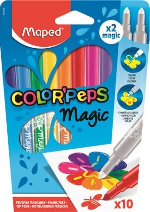 Gyártó: <span class='dk-excerpt-value'>MAPED</span>
Csomagolási egység: <span class='dk-excerpt-value'>10 db</span> Filctoll készlet, 3,6 mm, MAPED "Color`Peps Magic", 8+2 különböző szín