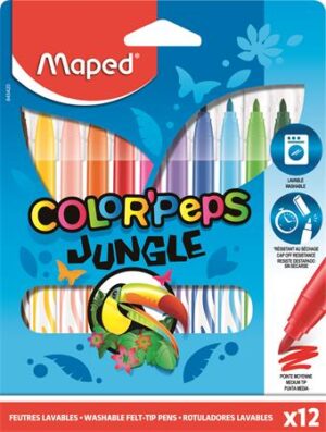 Gyártó: <span class='dk-excerpt-value'>MAPED</span>
Katalóguskód: <span class='dk-excerpt-value'>389D1</span>
Csomagolási egység: <span class='dk-excerpt-value'>12 db</span> Filctoll készlet, 2,8 mm, kimosható, MAPED "Color`Peps Jungle", 12 különböző szín