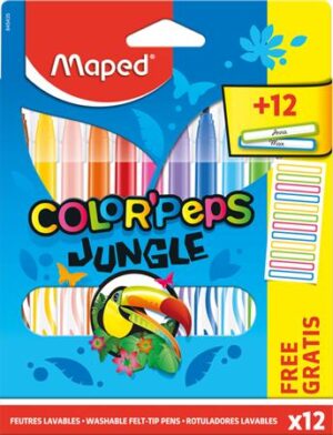 Gyártó: <span class='dk-excerpt-value'>MAPED</span>
Csomagolási egység: <span class='dk-excerpt-value'>12 db</span> Filctoll készlet, 2,8 mm, kimosható, MAPED "Color`Peps Jungle" 12 különböző szín+12 ajándék matrica