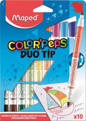 Gyártó: <span class='dk-excerpt-value'>MAPED</span>
Csomagolási egység: <span class='dk-excerpt-value'>10 db</span> Filctoll készlet, MAPED "Color`Peps Duo Tip", 10 különböző szín