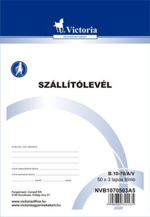 Gyártó: <span class='dk-excerpt-value'>VICTORIA</span>
Katalóguskód: <span class='dk-excerpt-value'>203D4</span>
Csomagolási egység: <span class='dk-excerpt-value'>500 garn</span> Nyomtatvány, szállítólevél, 50x3, A5, VICTORIA PAPER "B.10-70", 10 tömb/csomag