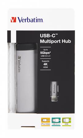USB elosztó-HUB, 4 port, 2 db USB 3.0, USB-C, HDMI, VERBATIM - Bécsi Irodaker