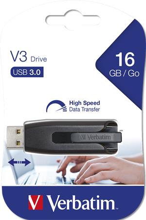 Pendrive, 16GB, USB 3.0, 60/12 MB/sec, VERBATIM "V3", fekete-szürke - Bécsi Irodaker