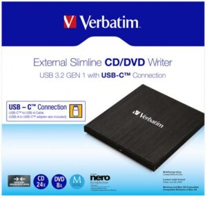 Gyártó: <span class='dk-excerpt-value'>VERBATIM</span> CD/DVD író, vékony, fém ház, USB 3.2 - USB-C, VERBATIM