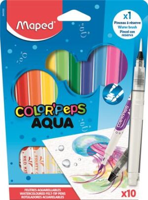 Gyártó: <span class='dk-excerpt-value'>MAPED</span>
Csomagolási egység: <span class='dk-excerpt-value'>10 db</span> Akvarell filctoll készlet, 3,6 mm, ecsettel, MAPED "Color`Peps Aqua", 10 különböző szín