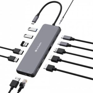 Gyártó: <span class='dk-excerpt-value'>VERBATIM</span> USB elosztó-HUB, 2xUSB-C PD/2xHDMI/DP/6xUSB-A/RJ45/audio, VERBATIM