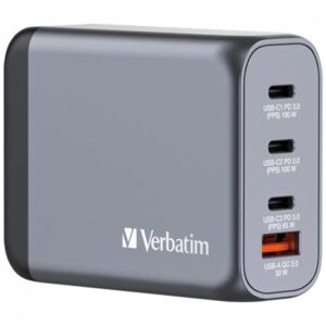 Gyártó: <span class='dk-excerpt-value'>VERBATIM</span> Hálózati töltő, 2xUSB-C PD (100W), USB-C PD (65W), USB-A QC 3.0, EU/UK/US, GaN, VERBATIM