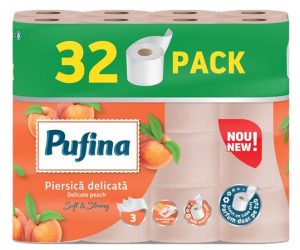 Toalettpapír, 3 rétegű, kistekercses, 32 tekercs, PUFINA "Delicate Peach", barack illattal