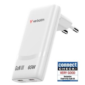 Hálózati töltő, 2xUSB-C, 65W, GaN, VERBATIM "Fold `n` Go", fehér