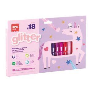 Filctoll készlet, 4,8 mm, kimosható, csillámos, APLI Kids "Glitter", 18 különböző szín