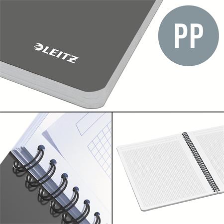 Spirálfüzet, A4, kockás, 90 lap, PP borító, LEITZ "Office", szürke - Image 3