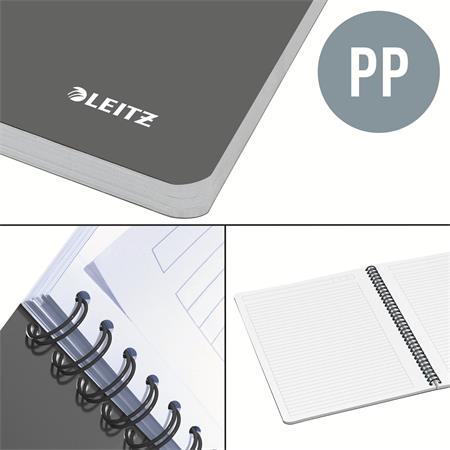 Spirálfüzet, A4, vonalas, 90 lap, PP borító, LEITZ "Office", szürke-piros - Image 3