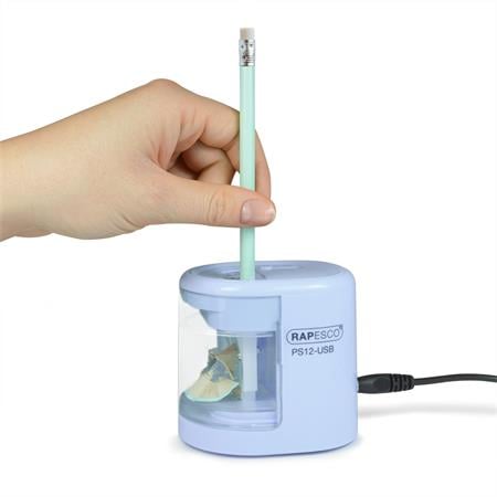 Hegyező, kétlyukú, asztali, elemes, USB töltővel, RAPESCO"PS12-USB", világoskék - Image 2