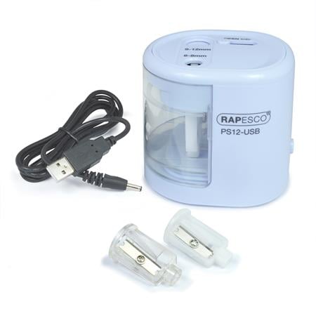 Hegyező, kétlyukú, asztali, elemes, USB töltővel, RAPESCO"PS12-USB", világoskék - Image 3