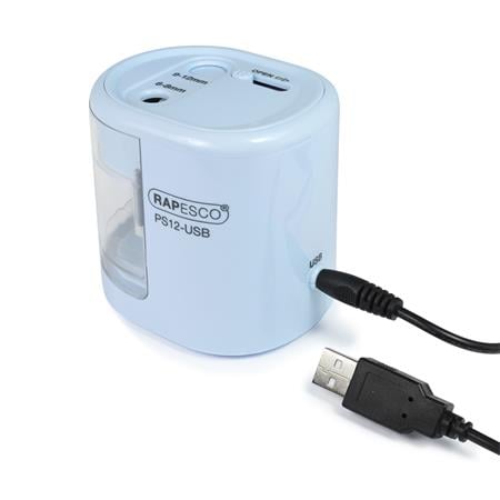 Hegyező, kétlyukú, asztali, elemes, USB töltővel, RAPESCO"PS12-USB", világoskék - Image 4