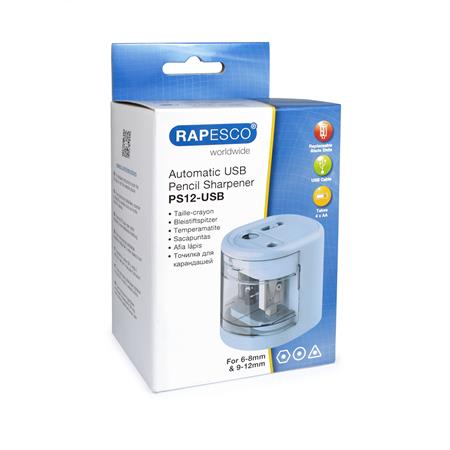 Hegyező, kétlyukú, asztali, elemes, USB töltővel, RAPESCO"PS12-USB", világoskék - Image 6